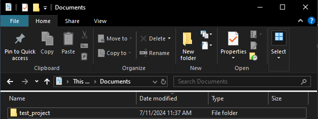 Empty folder called test_project in My Documents